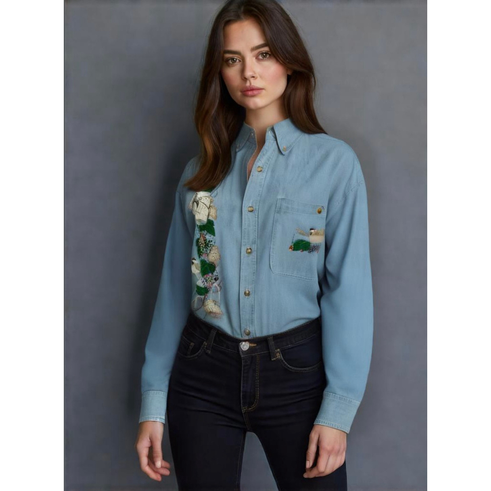 La Loving Women's Button-Up Shirt Lg Denim Blue Embroidered‎ Floral Bird Western